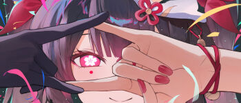 1girl absurdres black_gloves black_hair close-up commentary english_commentary flower-shaped_pupils fox_mask gloves glowing glowing_eyes highres honkai:_star_rail honkai_(series) mark_under_eye mask mask_on_head purple_eyes purple_nails single_glove smile solo sparkle_(honkai:_star_rail) symbol-shaped_pupils toria_(toriaa_27) twintails