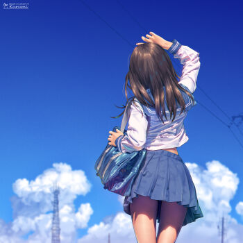 1girl a.x. absurdres arm_up artist_name bag blue_skirt blue_sky brown_hair cloud commentary_request dated english_text highres long_hair original outdoors photo-referenced pleated_skirt revision school_uniform serafuku skirt sky solo