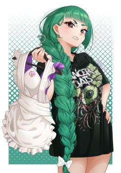 absurdres apron band_shirt black_shirt blunt_bangs bow bowtie braid braided_ponytail clothes_hanger commentary english_commentary green_hair halzion highres holding holding_apron holding_clothes_hanger lebanne_(pokemon) long_braid long_hair long_shirt merchandise nintendo no_pants obi3 pokemon pokemon_legends:_z-a print_shirt shirt short_sleeves t-shirt tsurime unworn_apron white_bow