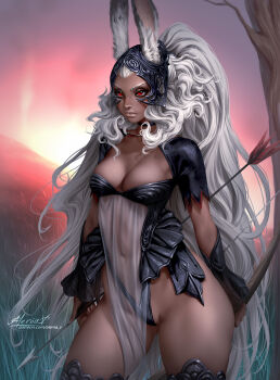 1girl aleriia_v animal_ears arrow_(projectile) black_leotard bow_(weapon) breasts cleavage cowboy_shot dark-skinned_female dark_skin ears_through_headwear final_fantasy final_fantasy_xii fran_(ff12) grass helmet high_ponytail highleg highleg_leotard highres holding holding_arrow holding_bow_(weapon) holding_weapon large_breasts leotard lips long_hair low_neckline navel pelvic_curtain ponytail rabbit_ears red_eyes revealing_clothes see-through_clothes see-through_pelvic_curtain short_sleeves solo sun thighhighs tree v-shaped_eyebrows very_long_hair viera weapon white_hair