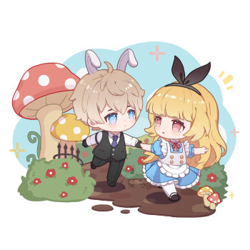 1boy 1girl :o ahoge alice&#039;s_adventures_in_wonderland alice_(alice_in_wonderland) animal_ears apron black_hairband black_pants black_shoes black_vest blonde_hair blue_dress blue_eyes blunt_bangs blush bow_hairband brown_hair bush chibi chibi_only chinese_commentary closed_mouth collared_shirt commentary_request dress eye_contact frilled_apron frilled_dress frills full_body hairband highres holding_hands long_hair long_sleeves looking_at_another mushroom necktie notice_lines open_mouth pants pantyhose pointing purple_necktie rabbit_boy rabbit_ears red_eyes shirt shoes short_hair short_sleeves smile sparkle standing vest walking wanzhizhiwanzi white_apron white_pantyhose white_rabbit_(alice_in_wonderland) white_shirt