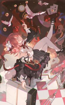 1girl absurdres ace_(playing_card) ace_of_clubs alf_(silver_palace) bare_shoulders bird black_shoes black_skirt black_sleeves bow bowtie card club_(shape) detached_sleeves fork from_side full_body hand_up high_heels highres long_sleeves miniskirt on_stool pantyhose pink_hair playing_card pocket_watch profile puffy_long_sleeves puffy_sleeves red_background red_bow red_bowtie saturn_(saturn_illus) shirt shoes short_hair silver_palace sitting skirt sleeveless sleeveless_shirt solo spoon table_knife three_of_clubs two_of_clubs watch white_bird white_pantyhose white_shirt