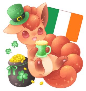 :3 :d beer_mug blush clothed_pokemon clover coin cup flag_background fox full_body gen_1_pokemon green_hat green_ribbon hat holding holding_cup irish_flag jug_(bottle) looking_at_viewer lowres money mug multiple_tails nintendo no_humans open_mouth pokemon pokemon_(creature) purple_eyes ribbon saint_patrick&#039;s_day smile sparkle tail ten&#039;on_(amane09) top_hat vulpix