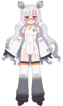 artist_request bandaged_arm bandages bare_shoulders black_gloves black_shoes blunt_ends blush bodysuit collared_bodysuit covered_collarbone covered_groin covered_navel detached_sleeves dot_nose double_bun facing_viewer flat_chest gelee_(puniru_wa_kawaii_slime) gloves gradient_hair gradient_thighhighs grey_hair hair_bun hexagon_print jitome legs_apart long_sleeves looking_at_viewer mandarin_collar monster_girl multicolored_hair official_art orange-framed_eyewear orange_hair print_bodysuit print_sleeves puniru_wa_kawaii_slime purple_eyes raised_inner_eyebrows ringed_eyes robot_girl second-party_source semi-rimless_eyewear shoes simple_background sleeveless sleeveless_bodysuit slime_(substance) slime_girl slime_hair smile split_mouth standing streaked_hair tachi-e tape thighhighs transparent_background tube_socks wavy_hair white_bodysuit white_sleeves white_thighhighs white_unitard wide_sleeves