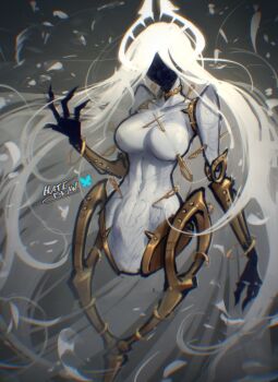 1girl absurdly_long_hair black_skin breasts collar colored_skin dress energy_horns faceless faceless_female floating_hair full_body grand_mother_silk_(hollow_knight) hatidraw highres hollow_knight hollow_knight:_silksong horns impaled juliet_sleeves large_breasts long_hair long_sleeves mechanical_arms mechanical_legs metal_collar needle puffy_sleeves solo very_long_hair white_dress white_hair white_horns