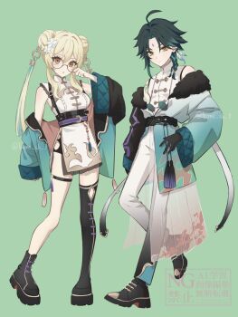 1boy 1girl adjusting_eyewear ahoge alternate_costume alternate_hairstyle aqua_hair artist_name asymmetrical_footwear bare_shoulders belt black-framed_eyewear black_belt black_boots black_gloves black_sash black_shorts blonde_hair blue_jacket boots braid breasts brown_eyes brown_ribbon china_dress chinese_clothes clenched_hand closed_mouth cloud_print commentary double_bun dress earrings eyeshadow facial_mark feather_earrings feathers flower forehead_mark frills full_body fur-trimmed_jacket fur_trim genshin_impact glasses gloves gradient_clothes green_background hair_bun hair_flower hair_ornament hand_on_own_hip hand_up highres jacket jewelry kome_sh_3 lapels long_sleeves looking_at_viewer lumine_(genshin_impact) makeup mandarin_collar medium_breasts multicolored_hair open_clothes open_jacket open_mouth pants pink_jacket purple_belt red_eyeshadow ribbon round_eyewear sash shirt short_dress short_hair short_hair_with_long_locks short_shorts shorts sidelocks simple_background single_braid single_earring single_sidelock sleeveless sleeveless_dress sleeveless_shirt standing standing_on_one_leg tassel tassel_hair_ornament thigh_strap two-sided_fabric two-sided_jacket two-tone_hair untranslatable_commentary watermark white_dress white_flower white_pants white_shirt wide_sleeves xiao_(genshin_impact) yellow_eyes