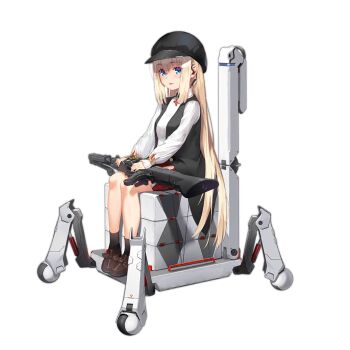 1girl black_hat black_socks black_vest blonde_hair breasts brown_shoes container earpiece full_body girls'_frontline gun hair_between_eyes hat holding holding_gun holding_weapon light_blush long_hair long_sleeves looking_at_viewer machine machine_gun medium_breasts mg3 mg3_(girls'_frontline) mg3_(visionary_of_the_future)_(girls'_frontline) non-humanoid_robot official_alternate_costume official_art parted_lips peaked_cap plaid_clothes plaid_skirt red_skirt robot shirt shoes sidelocks simple_background sitting skirt smile socks solo third-party_source touko_(kira2yue) transparent_background very_long_hair vest weapon white_shirt