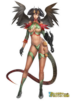 1girl bare_shoulders black_hair black_wings breasts circlet claws cleavage contrapposto crown demon_girl demon_tail female_focus highres horns looking_at_viewer midriff monster_girl narongchai_singhapand navel panties serpent smile smirk solo standing tail underwear wings