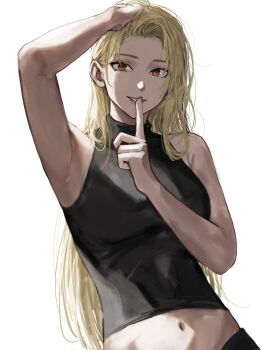1girl armpits black_shirt blonde_hair breasts brown_eyes commentary_request crop_top cropped_torso finger_to_mouth hand_in_own_hair highres jujutsu_kaisen large_breasts long_hair looking_at_viewer navel raberu_ruru shirt shushing simple_background sleeveless sleeveless_shirt smile solo solo_focus tsukumo_yuki_(jujutsu_kaisen) turtleneck white_background