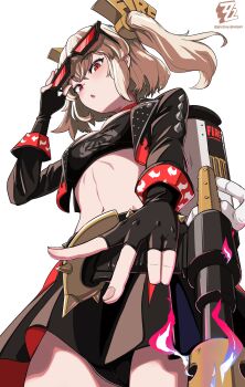 Rule 34 | 1girl, black skirt, blonde hair, blush, burnice white, cowboy shot, crop top, eyewear on head, fingerless gloves, fingernails, flamethrower, from below, gloves, hair between eyes, highres, holding flamethrower, holding weapon, long hair, looking at viewer, navel, nosuku, open mouth, red eyes, sidelocks, simple background, skirt, solo, standing, white background, zenless zone zero