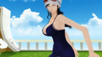 3d animated animated_gif black_hair blue_dress blue_sky boat bouncing_breasts breasts cleavage closed_eyes cloud dancing dress hat large_breasts long_hair lowres nico_robin nico_robin_(dressrosa) one_piece sky smile sunglasses watercraft white_hat