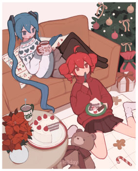 2girls ahoge alternate_costume black_pantyhose blue_hair cake cake_slice candy candy_cane christmas christmas_cake christmas_tree couch cup drill_hair eating flower food gift gingerbread_man grey_skirt hatsune_miku highres holding holding_cup kasane_teto long_hair long_sleeves miniskirt mug multiple_girls no_shoes on_couch on_floor pantyhose pleated_skirt red_flower red_hair red_sweater s1ho_(ukiy0u0) sitting skirt socks stuffed_animal stuffed_toy sweater teddy_bear turtleneck twin_drills twintails utau very_long_hair vocaloid wariza white_socks white_sweater