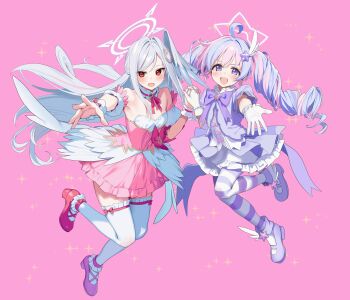 2girls absurdres blue_archive blush bow bowtie breasts detached_sleeves dress full_body gloves hair_ornament halo head_wings hidis0086 highres holding holding_staff long_hair looking_at_viewer mage_staff magical_girl multicolored_dress multiple_girls official_alternate_costume open_mouth pantyhose pink_background pink_dress pink_hair pink_shoes purple_eyes purple_hair purple_pantyhose red_eyes reisa_(blue_archive) reisa_(magical)_(blue_archive) shoes single_head_wing small_breasts smile staff star_(symbol) star_hair_ornament striped_clothes striped_pantyhose suzumi_(blue_archive) suzumi_(magical)_(blue_archive) thighhighs twintails white_dress white_gloves white_hair white_halo white_thighhighs wings