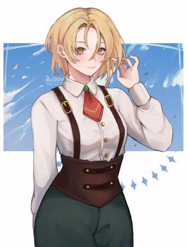 Rule 34 | artist name, ascot, blonde hair, blush, breasts, brown corset, buttons, character request, closed mouth, collared shirt, commentary, commission, copyright request, corset, cowboy shot, english commentary, eyelashes, green pants, hand in own hair, highres, lifting another's clothes, long sleeves, pants, red ascot, rurui134, shirt, short hair, smile, suspenders, vgen commission, white shirt, yellow eyes