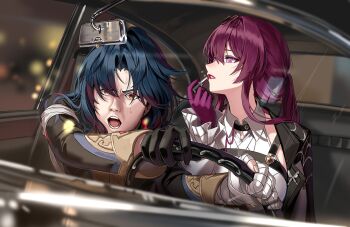 1boy 1girl applying_makeup black_jacket blade_(honkai:_star_rail) collared_shirt cosmetics driving eyewear_on_head facing_to_the_side gloves holding holding_lipstick_tube honkai:_star_rail honkai_(series) jacket jacket_on_shoulders kafka_(honkai:_star_rail) lipstick_tube long_sleeves looking_at_viewer parted_lips purple_gloves purple_hair round_eyewear shirt silence_girl white_shirt