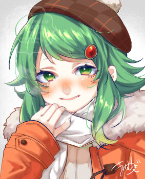 Rule 34 | 1girl, absurdres, adjusting clothes, beret, blush, brown hat, coat, commentary request, fur-trimmed coat, fur trim, green eyes, green hair, gumi, hair ornament, hat, highres, looking at viewer, mai mugi, medium hair, open clothes, open coat, open mouth, orange coat, plaid hat, pom pom (clothes), shirt, signature, simple background, smile, upper body, vocaloid, white background