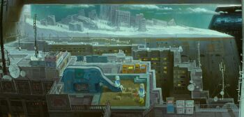 2girls absurdres building city_lights cityscape highres house multiple_girls original outdoors radio_antenna rooftop science_fiction shanchi wide_shot