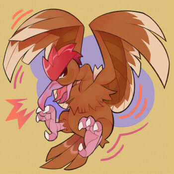 abstract_background beak bird brown_feathers fearow feathered_wings feathers full_body gen_1_pokemon highres nintendo no_humans open_mouth pokemon pokemon_(creature) solo southpauz talons tongue wings