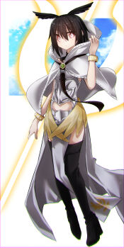 1girl armor armored_dress black_boots black_hair boots breastplate breasts brooch capelet commentary_request dress energy_wings fate/grand_order fate_(series) full_body head_wings highres hood hooded_capelet jewelry looking_at_viewer medium_breasts ortlinde_(fate) pelvic_curtain polearm red_eyes short_hair solo spear thigh_boots valkyrie_(fate) weapon white_capelet white_dress wings yubeshi_(zecxl)