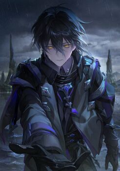 1boy absurdres belt black_belt black_capelet black_coat black_gloves capelet coat collared_capelet cowboy_shot crossed_bangs flins_(genshin_impact) genshin_impact gloves grey_sky hair_between_eyes highres kkamiiz long_sleeves looking_at_viewer male_focus outdoors outstretched_arm outstretched_hand overcast parted_lips rain reaching reaching_towards_viewer sky solo wet wet_hair yellow_eyes