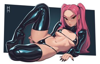 Rule 34 | 1girl, absurdres, bikini, black bikini, black boots, black nails, black shrug, boots, breasts, earrings, fingernails, high heel boots, high heels, highres, jewelry, knee up, kpop demon hunters, long eyelashes, long fingernails, long hair, looking at viewer, lying, marsupial man, medium breasts, micro bikini, mira (kpop demon hunters), multiple earrings, o3o, on side, pink hair, platform boots, platform heels, shrug (clothing), solo, swimsuit, thigh boots, thighs, thong bikini, toned, toned female, twintails