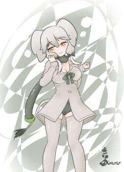 1girl absurdres african_forest_elephant_(kemono_friends) animal_ears blush bow coat elephant_ears elephant_girl elephant_tail green_bow green_scarf green_shorts grey_coat grey_hair grey_thighhighs highres kemono_friends kemono_friends_3 long_coat long_sleeves multicolored_hair nokemono-san_(bocchi_friend) orange_eyes scarf short_hair short_hair_with_long_locks short_shorts shorts sidelocks smile solo thighhighs white_hair zettai_ryouiki