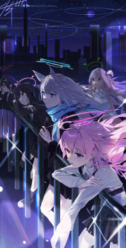 5girls aa45081 absurdres against_railing animal_ear_fluff animal_ears aqua_scarf artist_name ayane_(blue_archive) black_hair black_jacket blonde_hair blue_archive blue_eyes blue_halo blue_scarf cat_ears cat_girl city commentary_request foreclosure_task_force_(blue_archive) glasses green_eyes green_halo grey_hair hair_bun hair_ornament hair_ribbon halo heterochromia highres hoshino_(blue_archive) id_card jacket lanyard long_hair medium_hair mismatched_pupils multiple_girls night night_sky nonomi_(blue_archive) pink_hair pink_halo railing red_eyes red_halo ribbon scarf serika_(blue_archive) shiroko_(blue_archive) shirt short_hair signature single_side_bun skirt sky skyline twintails white_shirt wolf_ears wolf_girl yellow_eyes yellow_jacket