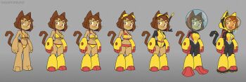 1girl alternate_costume animal_ears bikini bodysuit breasts brown_hair cat_ears cat_girl cat_tail commentary curvy dark-skinned_female dark_skin diving_helmet diving_mask diving_mask_on_head diving_suit english_commentary flippers full_body furry furry_female gameoverse gauntlets goggles goggles_on_head helmet highres kit_bodega looking_at_viewer lowleg lowleg_bikini medium_breasts multiple_views navel official_alternate_costume red_eyes scuba scuba_gear scuba_tank short_hair simple_background smile snorkel standing string_bikini swimsuit tail theartofsilent thong thong_bikini toon_(style) two-tone_swimsuit wetsuit whiskers wide_hips yellow_gauntlets