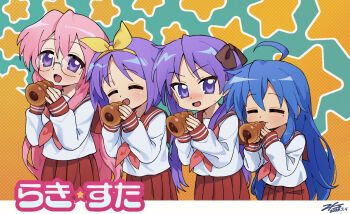 2025 4girls :3 absurdres ben-day_dots black_bow blue_hair blush bow chocolate_cornet closed_eyes copyright_name dated food friends glasses green_background highres hiiragi_kagami hiiragi_tsukasa izumi_konata long_hair lucky_star mole mole_under_eye multiple_girls open_mouth pink_hair purple_eyes purple_hair round_eyewear ryouou_school_uniform school_uniform screentones short_hair siblings sisters star_(symbol) star_symbol_background takara_miyuki twins twintails user_rfwa5323
