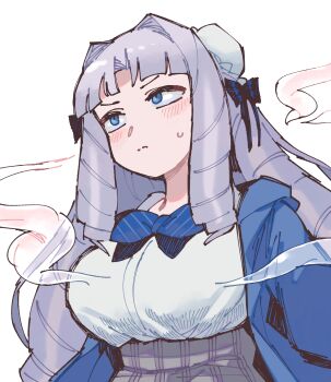 1girl absurdres blue_bow blue_cardigan blue_eyes bow breasts bun_cover cardigan commentary_request drill_hair fujido_oriko giant_ojou-sama high-waist_skirt highres large_breasts long_hair long_sleeves mona_(monaka) purple_hair school_uniform shirt skirt solo sweatdrop upper_body v-shaped_eyebrows white_shirt