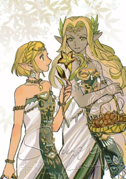 2girls armlet artist_name bags_under_eyes basket blonde_hair body_markings bracelet braid breasts cowboy_shot crown_braid dark-skinned_female dark_skin dress earrings facial_mark flower green_eyes hashtag-only_commentary highres holding holding_basket jewelry laurel_crown long_dress long_hair magatama magatama_necklace medium_breasts mouyi multiple_girls necklace nintendo parted_bangs parted_lips pointy_ears princess_zelda sample_watermark short_hair sidelocks sonia_(zelda) strapless strapless_dress sundelion the_legend_of_zelda the_legend_of_zelda:_tears_of_the_kingdom watermark white_dress yellow_flower