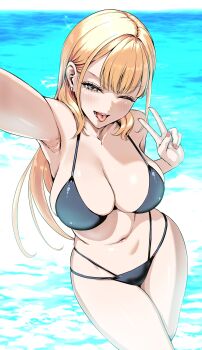 1girl ;d absurdres arm_up armpits bikini black_bikini blonde_hair blush breasts cleavage collarbone commentary_request grey_eyes gyaru highres marine_day navel oikawa_tooru one_eye_closed open_mouth original outstretched_arms smile solo standing stomach swimsuit teeth thighs tongue tongue_out v water