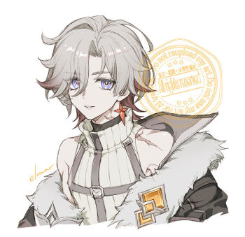 1boy artist_name black_coat blue_eyes chest_harness coat commentary_request earrings elmar fur-trimmed_coat fur_trim genshin_impact grey_hair hair_between_eyes harness illuga_(genshin_impact) jewelry looking_at_viewer male_focus mole mole_under_eye multicolored_hair off_shoulder open_clothes open_coat parted_bangs parted_lips red_hair ribbed_sweater scar scar_on_neck scar_on_shoulder short_hair simple_background single_earring single_hair_intake sleeveless sleeveless_sweater smile solo sweater turtleneck turtleneck_sweater two-tone_hair upper_body watermark white_background white_sweater