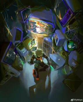 1boy absurdres aged_down all_might bakugou_katsuki black_boots black_pants blonde_hair boku_no_hero_academia boots broken_glass broken_screen cable cameo chinese_commentary chromatic_aberration colored_shoe_soles combat_boots computer cpu crack cracked_glass cracked_screen crt dial_television from_above glass glitch gloves green_gloves hand_up highres knee_boots knee_pads knee_up light male_focus midoriya_izuku monitor multiple_monitors object_request on_floor pants perspective pile shadow short_hair single_horizontal_stripe sitting solo sparkle spiked_hair spoilers stack trading_card usb watermark weibo_watermark wide_shot wrist_guards x_(symbol) ykkiyo