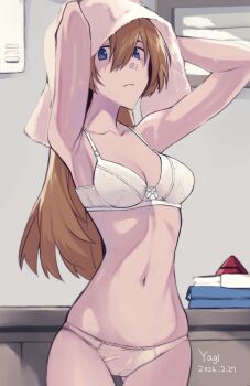 1girl armpits arms_up blue_eyes bra breasts brown_hair cleavage closed_mouth commentary_request cowboy_shot curvy dated drying drying_hair expressionless folded_clothes frown hair_between_eyes hair_ornament highres indoors interface_headset_(evangelion) long_hair looking_at_viewer medium_breasts navel neon_genesis_evangelion panties school_uniform shirt signature skirt solo souryuu_asuka_langley thong tokyo-3_middle_school_uniform towel towel_on_head tsundere underwear underwear_only unworn_clothes unworn_hair_ornament unworn_shirt unworn_skirt vent_(object) white_bra white_panties wide_hips yagisawa_teru