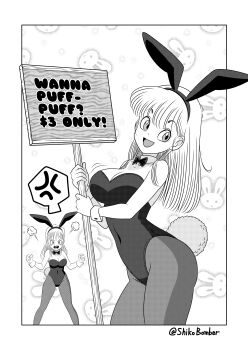 2girls alternate_costume anger_vein animal_ears ass bare_shoulders blush breasts bulma cleavage curvy disguise disgust dragon_ball dragon_ball_(classic) english_text fake_animal_ears fake_tail female_pervert highleg highleg_leotard highres leotard looking_at_another looking_at_viewer medium_hair monochrome multiple_girls multiple_persona official_alternate_costume oolong open_mouth pantyhose pervert playboy_bunny rabbit_ears rabbit_tail shikobomber strapless strapless_leotard tail wide_hips