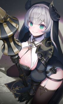 Rule 34 | 1girl, :>, arm belt, armor, belt, black belt, black dress, black gloves, black thighhighs, breast curtains, breasts, closed mouth, coif, commentary request, dokkumaa, dress, furrowed brow, garter straps, gloves, green eyes, grey hair, hair between eyes, highres, holding, holding mace, holding weapon, hololive, horns, jewelry, kneeling, large breasts, long sleeves, looking at viewer, mace, necklace, nun, official alternate costume, pelvic curtain, shiny skin, shirogane noel, shirogane noel (battle nun), short hair, shoulder armor, solo, thighhighs, virtual youtuber, weapon