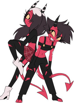 2girls :d absurdres ankle_boots back-to-back bare_shoulders black_eyes black_gloves black_hair black_horns black_pants black_pantyhose black_shirt boots breasts closed_mouth collarbone colored_sclera colored_skin commentary_request crop_top cropped_shirt demon_girl demon_horns demon_tail eyeshadow fewer_digits fingerless_gloves flat_color full_body gloves grin hair_down hair_over_one_eye halterneck hands_on_own_thighs hellaverse helluva_boss high_heel_boots high_heels highres horns leaning_forward long_hair looking_at_viewer makeup menma_(enaic31) midriff millie_(helluva_boss) miniskirt multicolored_hair multicolored_horns multiple_girls navel no_nose off-shoulder_shirt off_shoulder official_alternate_costume official_alternate_hairstyle one_eye_covered open_mouth pants pantyhose plaid_clothes plaid_skirt pleated_skirt red_eyeshadow red_skin red_skirt red_tail roots_(hair) sallie_may_(helluva_boss) scar scar_across_eye scar_on_face shirt short_hair short_sleeves siblings signature simple_background sisters skirt small_breasts smile standing standing_on_one_leg striped_horns tail torn_clothes torn_pants torn_pantyhose torn_shirt two-tone_hair two-tone_horns very_long_hair white_background white_boots white_hair white_horns yellow_sclera