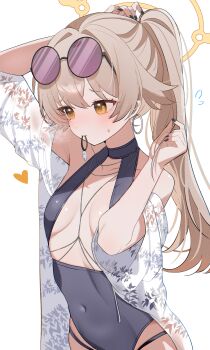 1girl absurdres blue_archive breasts commentary cosplay eyewear_on_head halo hifumi_(blue_archive) highres long_hair nagisa_(blue_archive) nagisa_(blue_archive)_(cosplay) nagisa_(swimsuit)_(blue_archive) official_alternate_costume shusuchii simple_background solo sunglasses swimsuit symbol-only_commentary white_background