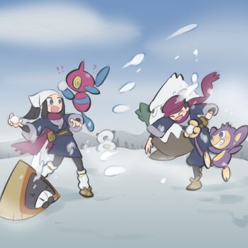 Rule 34 | !?, > <, 1boy, 1girl, ?, aipom, akari (pokemon), black hair, black sash, blue eyes, blue kimono, blue sky, blush, brown sandals, closed eyes, cloud, commentary request, day, eyelashes, floating, galaxy team survey corps uniform, gen 2 pokemon, gen 3 pokemon, gen 4 pokemon, green eyes, grin, hat, headscarf, highres, holding, holding snowball, japanese clothes, kimono, kinni, long hair, long sleeves, nintendo, open mouth, outdoors, pokemon, pokemon (creature), pokemon legends: arceus, ponytail, porygon-z, prehensile tail, red hat, red scarf, rei (pokemon), sandals, sash, scarf, sidelocks, sky, smile, snorunt, snover, snow, snowball, snowball fight, snowman, socks, tail, teeth, throwing, white headscarf, white socks