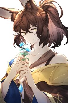 1boy animal_ear_fluff animal_ears brown_hair closed_mouth collarbone commentary_request crossed_bangs dragalia_lost dragalinuka flower hair_between_eyes highres holding holding_flower long_hair looking_at_viewer male_focus ponytail rabbit_boy rabbit_ears solo sylas_(dragalia_lost) upper_body white_background wide_sleeves yellow_eyes