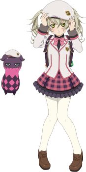 Rule 34 | 1girl, adjusting clothes, adjusting headwear, alternate hairstyle, artist request, bag, beret, black shirt, black skirt, blonde hair, blush, bow, brown shoes, creature, doll, elize lutus, elize lutus (school uniform), flute, full body, game cg, green eyes, hat, highres, instrument, jacket, knees together feet apart, lace, lace-trimmed skirt, lace trim, looking at viewer, medium hair, multicolored skirt, official alternate costume, official art, pantyhose, pink bow, pink skirt, plaid clothes, plaid skirt, purple bag, purple skirt, recorder, school bag, school emblem, school uniform, shirt, shoes, skirt, solo, standing, tales of (series), tales of asteria, tales of xillia, third-party source, transparent background, twintails, white hat, white jacket, white pantyhose