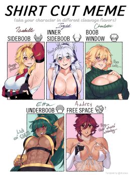 ... 5girls ? abs absurdres armpits blonde_hair blue_eyes breasts character_name charlotte_(isabongos) cleavage commentary dark-skinned_female dark_skin detached_sleeves english_commentary english_text fingerless_gloves gloves green_hair highres isabongos large_breasts looking_at_viewer multiple_drawing_challenge multiple_girls muscular muscular_female navel open_mouth original red_eyes red_hair shirt_cut_meme short_hair sideboob smile sweater teeth tongue