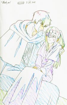 Rule 34 | 1boy, capelet, color trace, commission, commissioner upload, final fantasy, final fantasy xiv, hand on another's shoulder, hermes (ff14), highres, hood, hood down, hooded capelet, hooded robe, key frame, kiiko 2233, lineart, long hair, looking at another, mask, ponytail, robe, short hair, sitting, sitting on lap, sitting on person, skeb commission, sophist's robe (ff14), thais, white background