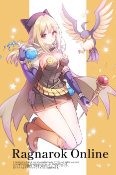 1girl absurdres alchemist_(ragnarok_online) ayamisiro bird blonde_hair blush boots breasts brown_boots brown_cape brown_dress cape cleavage closed_mouth commentary_request copyright_name copyright_notice deviruchi_hat dress elbow_gloves filir_(ragnarok_online) fingerless_gloves flask full_body fur_collar gloves hat highres holding holding_staff jumping long_hair looking_at_viewer medium_breasts potion purple_gloves ragnarok_online red_eyes round-bottom_flask short_dress smile solo staff star_(symbol) strapless strapless_dress yellow_background