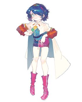 1girl 4qw5 belt blue_cloak blue_dress blue_eyes blue_hair blue_hairband blush boots cloak closed_mouth collared_cloak commentary_request dress full_body green_dress green_hairband hair_over_one_eye hairband hands_up highres index_finger_raised long_sleeves looking_at_viewer multicolored_dress multicolored_hairband orange_dress orange_hairband patchwork_clothes pink_boots pink_dress pink_hairband puffy_long_sleeves puffy_sleeves purple_belt purple_dress purple_hairband red_dress red_hairband short_dress short_hair simple_background smile solo standing tenkyuu_chimata touhou two-sided_cloak two-sided_fabric white_background white_cloak yellow_dress