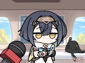 1girl amber_(stella_sora) animated animated_gif arms_behind_back averting_eyes black_cat black_hair cat cellphone chibi chibi_only chinese_commentary commentary_request double-parted_bangs dress flip_phone flying_sweatdrops highres holding holding_phone interview jitome licking_self looking_to_the_side map microphone official_art phone short_hair sleeveless sleeveless_dress speech_bubble spoken_object stella_sora sweatdrop text_messaging yellow_eyes