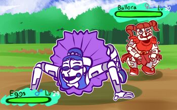 2girls animatronic ballerina ballet_slippers ballora_(fnaf) circus_baby_(fnaf) closed_eyes clothed_robot clown clown_nose commentary crossover five_nights_at_freddy&#039;s five_nights_at_freddy&#039;s:_sister_location gameplay_mechanics highres multiple_girls nintendo open_mouth orange_hair pokemon pokemon_sm purple_hair red_hair robot robot_girl short_hair smile tutu twintails wolf-con-f