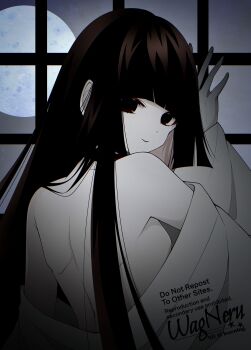 1girl absurdres back bare_shoulders black_eyes black_hair blunt_bangs breasts choker eyeliner fate/grand_order fate_(series) highres japanese_clothes kimono komahime_(fate) long_hair long_sleeves looking_at_viewer looking_back makeup off_shoulder small_breasts smile solo very_long_hair wagu_neru white_kimono wide_sleeves