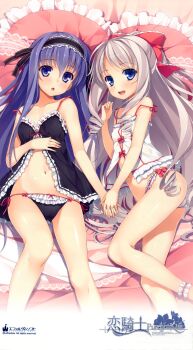 2girls :d :o absurdres ankle_garter babydoll bare_legs bare_shoulders bernadette_villeburg black_panties blue_eyes bow collarbone drill_hair flat_chest frills fujimori_yuu groin hair_bow hairband holding_hands heart heart-shaped_pillow highres huge_filesize interlocked_fingers koikishi_purely_kiss lolita_hairband long_hair looking_at_viewer lying midriff multiple_girls navel on_back on_side open_mouth panties pillow purple_eyes purple_hair see-through_silhouette side-tie_panties silver_hair smile strap_slip string_panties underwear very_long_hair white_panties yuuki_hagure